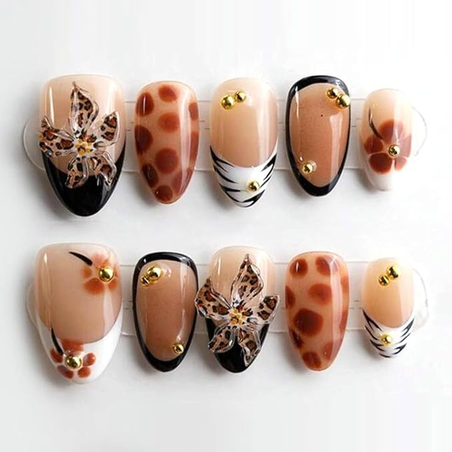 Short Press on Nails Almond Fake Nails with 3D Flower Gold Pearl Designs French Tip Nails Press ons Black Nude White Brown Acrylic Glossy Glue on Nail for Women 24 Pcs