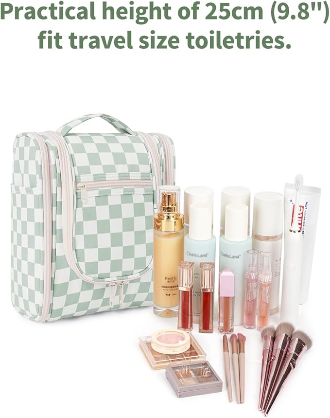 Narwey Small Checkered Hanging Travel Toiletry Bag for Women, Travel Bag for Toiletries, Makeup Bag Organizer Cosmetic Bags Make Up Bags for Women (Mint Green Checkerboard)