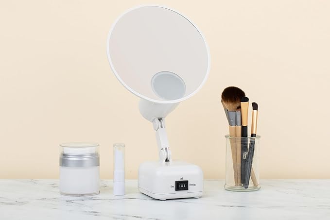 Floxite FL-615-2 15X magnifying mirror with light, Lighted travel makeup mirror with light and magnification, Round, LED, Tabletop, Portable vanity mirror for desk bathroom, electric plug in, personal