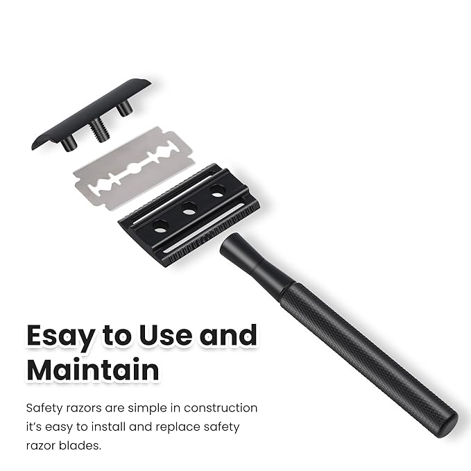 Double Edge Safety Razor With 10 Premium Stainless Steel Blade Reusable Safety Razors For Men Shaving Razor, Smooth Wet Shave Experience, Gun Black