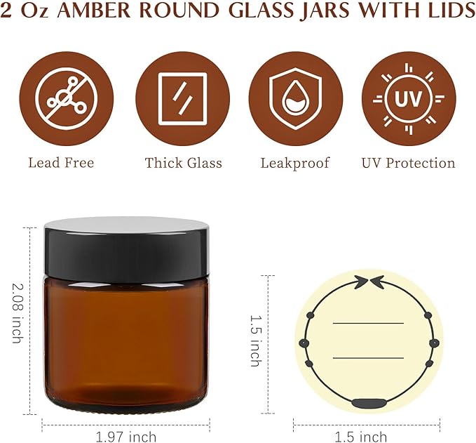 TUZAZO 2 Oz Thick Amber Round Glass Jars with Inner Lids and Black Lids, 24 Pack Small Empty Candle Making Jars/Cosmetic Containers for Lotions, Creams, Body Butters, Essential oil Beauty Products