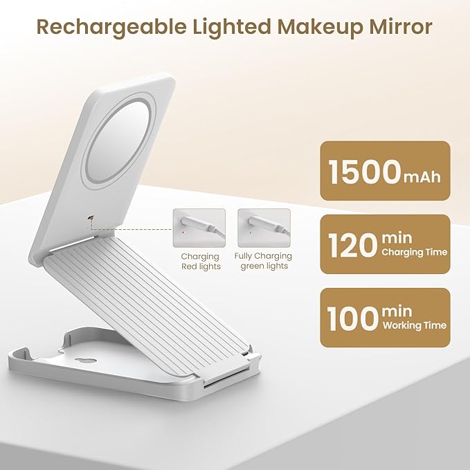 Travel Makeup Mirror with Lights, Foldable 1X Vanity Lighted Mirror with 10X Magnification, Rechargeable 1500mAh, Dimmable Touch Screen, Freely Adjust Height and Angle