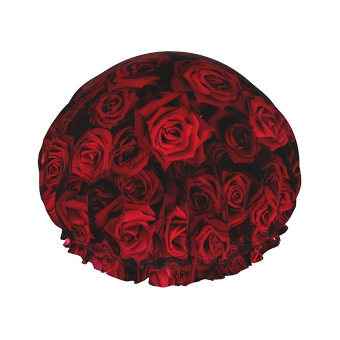 Red Rose Flowers Shower Cap For Women Reusable Waterproof Double Layers Bath Cap Hair Protection Elastic Ladies Spa Salon Shower Hat