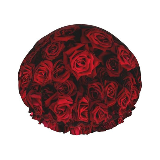 Red Rose Flowers Shower Cap For Women Reusable Waterproof Double Layers Bath Cap Hair Protection Elastic Ladies Spa Salon Shower Hat