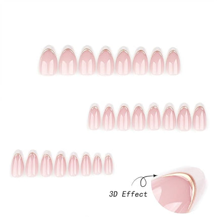 Almond Press on Nails Medium Pink With 3D Gold Stripes Designs White French Tips Fall Winter False Acrylic Glue on Glossy Stick on for Women 24 Pcs