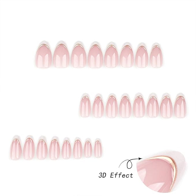Almond Press on Nails Medium Pink With 3D Gold Stripes Designs White French Tips Fall Winter False Acrylic Glue on Glossy Stick on for Women 24 Pcs