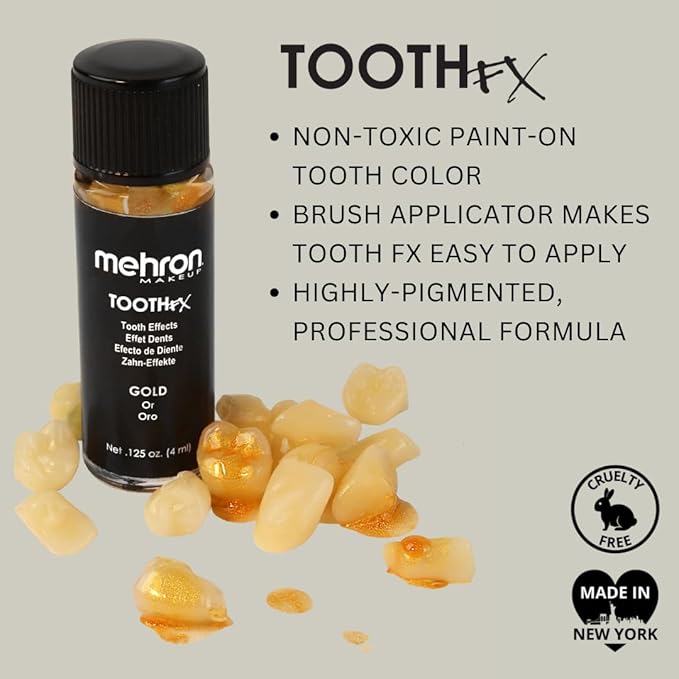 Mehron Makeup Tooth FX Gold | Temporary Tooth Paint | Perfect for Creating Gold Teeth SFX & Pirate Teeth Makeup for Halloween, Costume, Cosplay, & Theater .125 oz (4 ml)