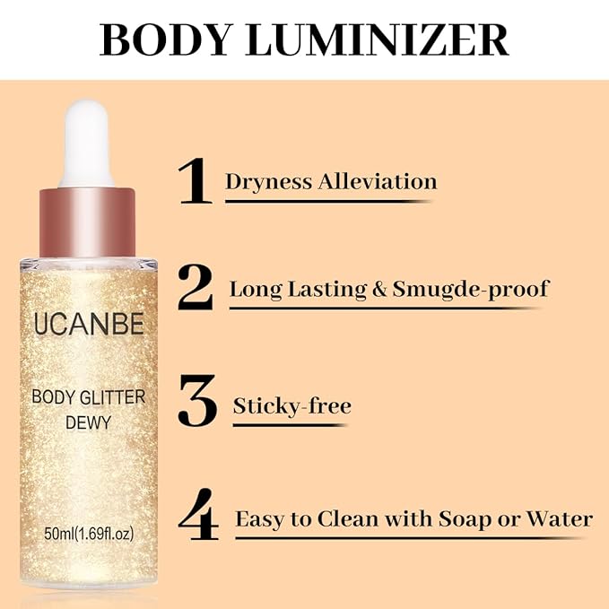 UCANBE Hydrating Body Shimmer Face Glitter Highlighter Makeup Liquid Glow Lotion for Women Holographic Luminizer for Hair for Valentine's Day Gifts (Champagne Gold - 01)