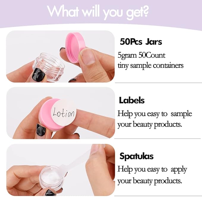 50 Count Mini Sample Jars with Lids, Tiny Empty Lip Balm Containers, Makeup Travel Containers with Labels, Mini Disposable Spatulas