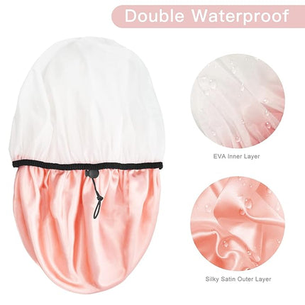 Auban Shower Cap for Women, Adjustable Reusable, Extra Large, Double-Layer Waterproof Bathing Cap, Waterproof Exterior, EVA Lining, Hair Cap for All Hair Lengths, 3 Colors