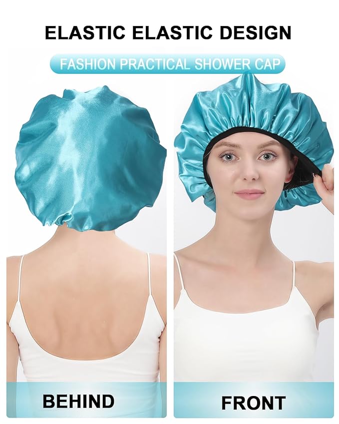 YIZIJIZI Triple Layer Reusable Waterproof Shower Cap for Women Large Terry Lined Hair Cap for Long Thick Hair Travel Bath Care Light Blue