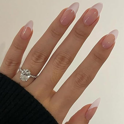 White French Tip Press on Nails Almond Medium Fake Nails Press ons with Designs Glossy Full Cover Glue on Nail Acrylic Stick on Nails for Women 24 Pcs