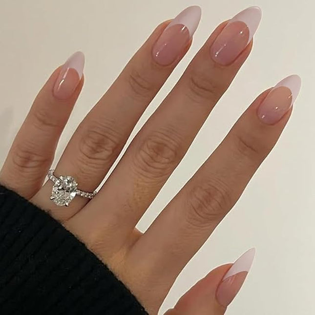 White French Tip Press on Nails Almond Medium Fake Nails Press ons with Designs Glossy Full Cover Glue on Nail Acrylic Stick on Nails for Women 24 Pcs