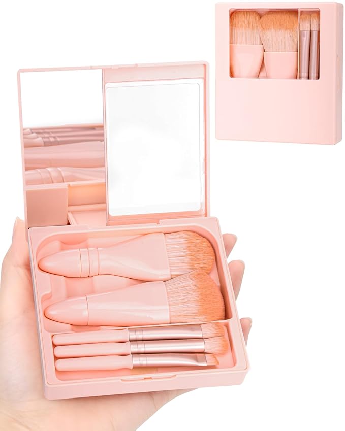 Travel Size Makeup Brushes Mini Set with Hard Case and Built-in Mirror, 5Pcs Small Cosmetic Brushes, On the Go Brush Travel Essentials kits for Women, Girls Gift (Light Pink)
