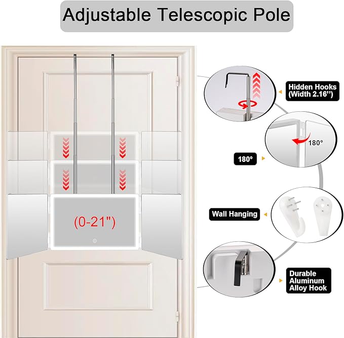 Vanexiss Rechargeable 3 Way Mirror for Hair Cutting, Real Glass Adjustable Trifold Mirror with 3 Color Temps LED Light & Telescoping Hooks for Makeup, Shaving & Styling(White)