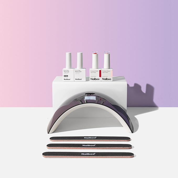 Nailboo Gel Nail Polish Kit with UV Lamp - 2 Forever Glaze Gel Polishes, Base Coat, 3 Nail Files, No Wipe Top Coat & Pro Cure LED Lamp, Long Lasting, Glossy Manicure, Quick Drying