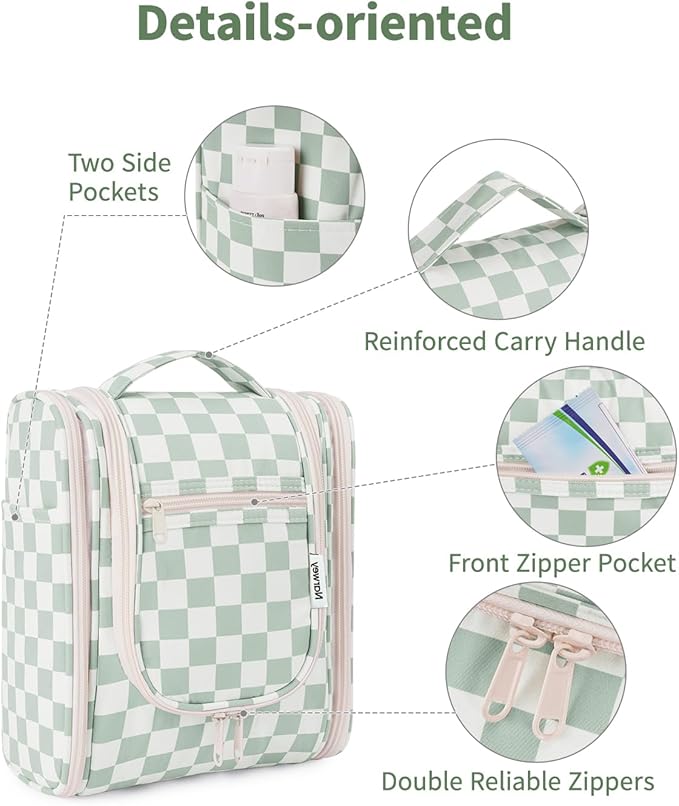 Narwey Small Checkered Hanging Travel Toiletry Bag for Women, Travel Bag for Toiletries, Makeup Bag Organizer Cosmetic Bags Make Up Bags for Women (Mint Green Checkerboard)