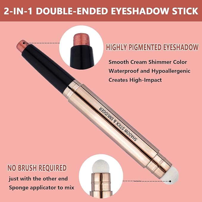2 in 1 Cream Eyeshadow Stick, Shimmer Smooth Eyeshadow Pencil, Hypoallergenic Waterproof Long Lasting Eye Shadow Highlighter Stick, Create High-Impact, Multi-Dimensional Eyes Look