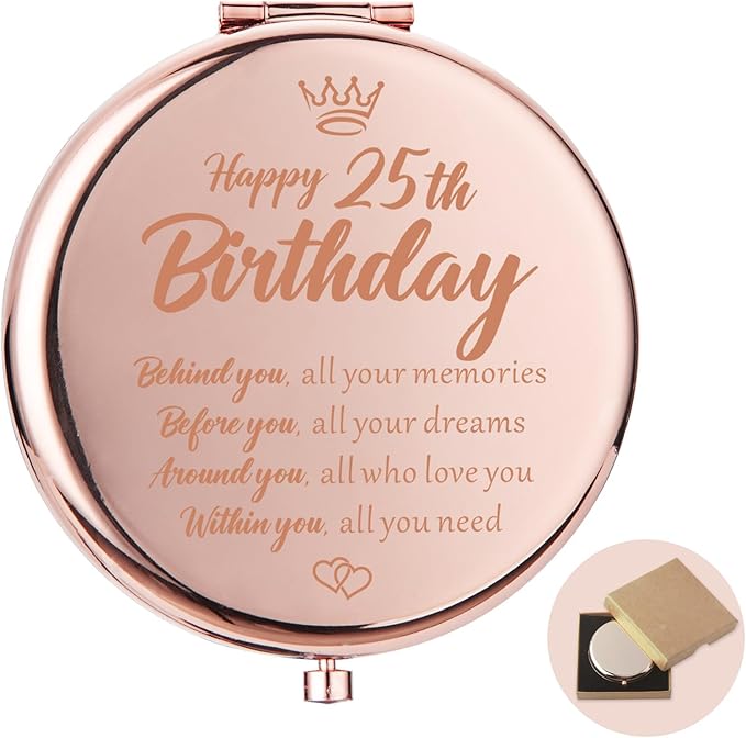 25th Birthday Gifts for Her, Rose Gold Compact Mirror for Purses, 2.6" Diameter, 2-Sided with 1x and 2x Magnification