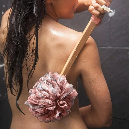 Toem® Loofah Back Scrubber for Shower | Bamboo Charcoal Fiber Infused | Loufas for Men & Women | Includes 1 Long Handled Shower Sponge, 1 Bath & Shower Luffa Pouf & 1 Hook to Hang Stuff (Rose Pink)