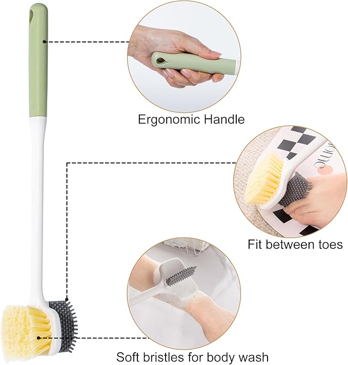 Foot Scrubber Toe Cleaning Brush, 2 Pack Shower Foot Scrubber with Long Handle, Double-Sided Silicone and Soft Bristle Brush for Skin Exfoliation, Seniors, Adults, Green