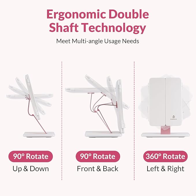 EASEHOLD Foldable Tri-Fold Lighted Makeup Vanity Mirror with 60 LED Lights, 1X/2X/3X Magnification, Touch Control Dimming, 3000mah Rechargeable, 360° Rotation, Portable Travel Folding Compact Mirror