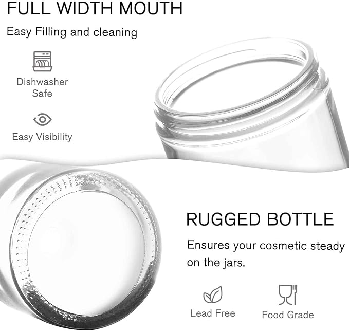 2 oz Round Clear Glass Jars, Bumobum 70 pack Cream Jars with Black Lids, Black and White Labels & Inner Liners, Empty Cosmetic Containers for Cream, Lotion