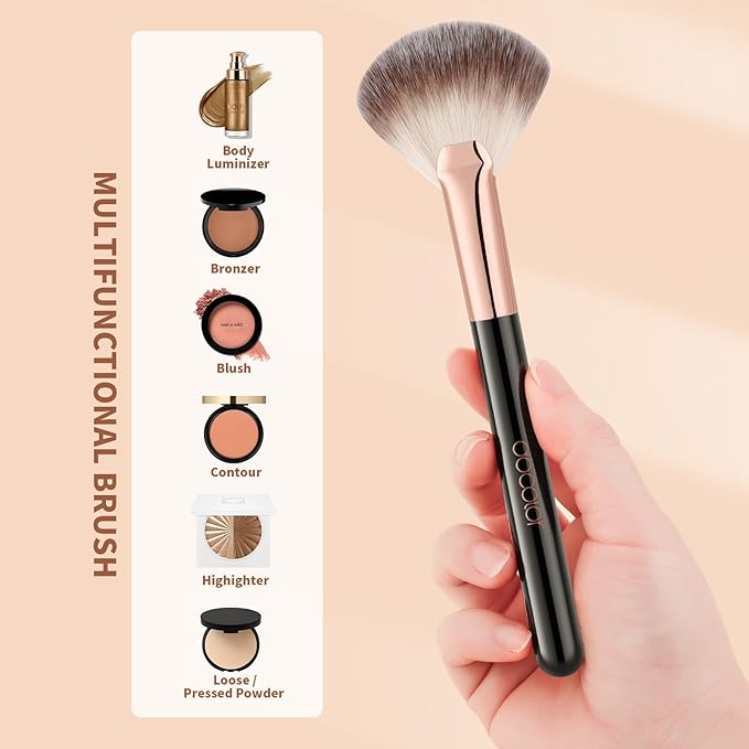 docolor Highlighter Brush Fan Brush Blush Brush Setting Makeup Brush Face Makeup Brush Synthetic Bristles For Powder, Bronzer, Highlight, Contour, Professional Make Up Brush Wooden handle