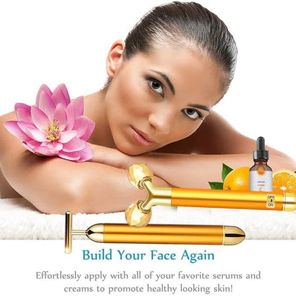 DANGSHAN 2-in-1 Electric Face Massager 24k Golden Facial Massager, 3D Roller and T Shape Facial Roller Massager Kit Skin Care Tools