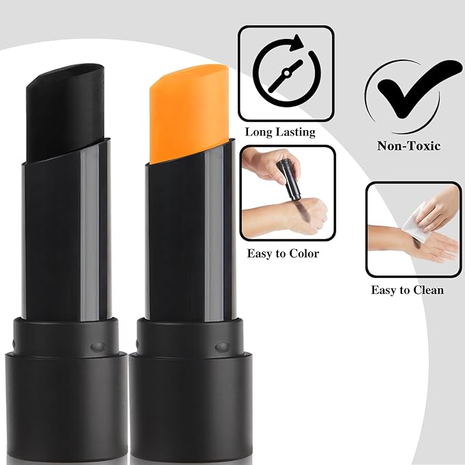 MEICOLY 2Pcs Black and Orange Face Body Paint Stick,Waterproof Face Paint for Halloween Pumpkin Tiger Lion Cosplay Makeup,Eye Black Stick for Baseball/Softball/Football/Lacrosse