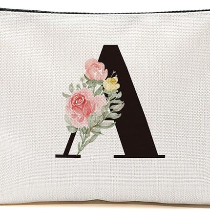 Personalized Makeup Bag, Initial Letter A Makeup Bag for Women Rose Monogram Cosmetic Bags Toiletry Pouch, Monogrammed Gifts for Women Mom Grandma Sister Friends Thanksgiving Christmas Birthday Gift
