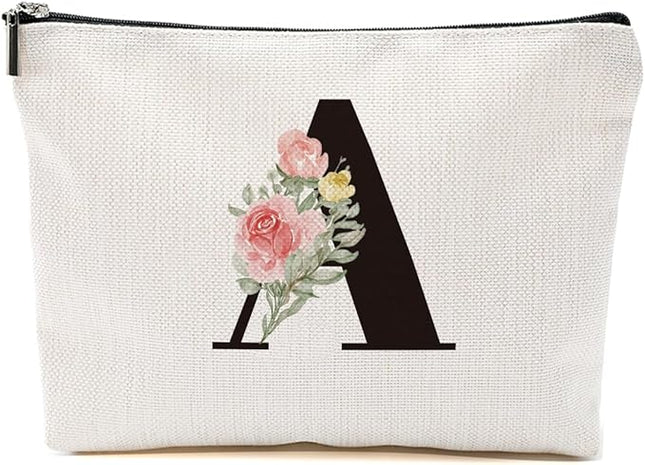 Personalized Makeup Bag, Initial Letter A Makeup Bag for Women Rose Monogram Cosmetic Bags Toiletry Pouch, Monogrammed Gifts for Women Mom Grandma Sister Friends Thanksgiving Christmas Birthday Gift