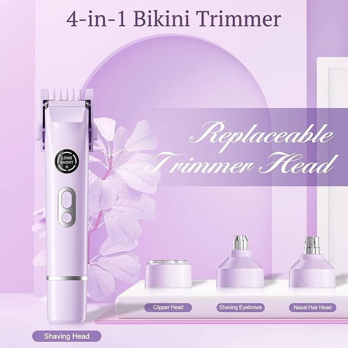 Dermave Bikini Shaver, 4-in-1 Bikini Trimmer for Women, Electric Razors with Dual Heads, Cordless Body Hair Trimmer, Rechargeable Pubic Hair Trimmer for Legs Body Facial Hair, Ceramic Blade