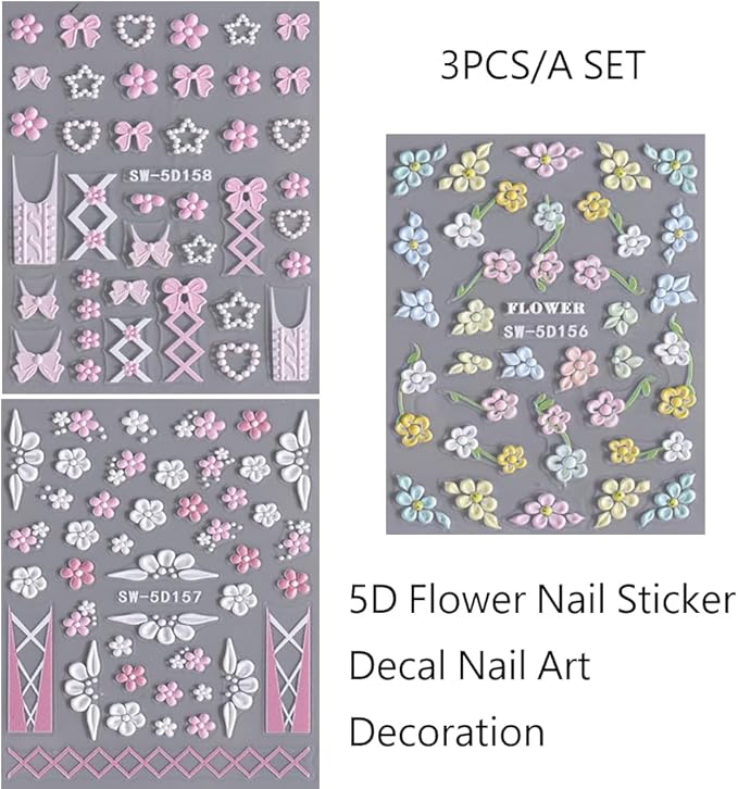 3 Sheets Summer 5D Flower & Butterfly Nail Art Stickers Set, 5D Embossed Nail Decals Daisy French Nail Art Design Self Adhesive Nail Supplies Colorful Flower Nail Stickers Decoration for Women Girls