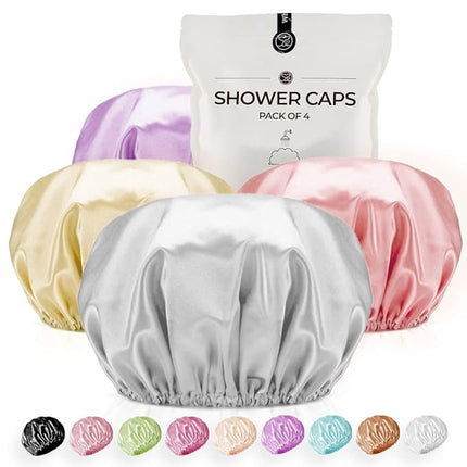 Shower Cap for Women Reusable Extra Large Shower Caps for Men Satin Double Layer EVA Waterproof Long Hair Caps(Silver Gray, Orchid, Gold, Pink 4 Pack)