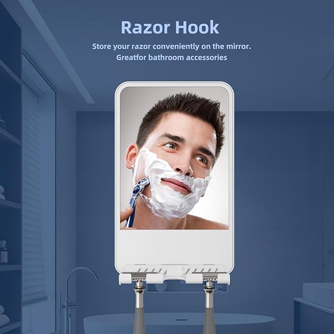 Shower Mirror for Shaving Fogless with Multifunctional Storage for Razor and Shaving Foam Canister,Adjustable Angle Mirror (White)