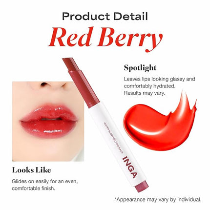 INGA Water Glow Melting Balm - Hydrating Tinted Lip Balm with Soft, Melt-On Texture, Natural Sheer, Glass-Like Finish with Non-Sticky, Lightweight Comfort (RED BERRY JUICE)