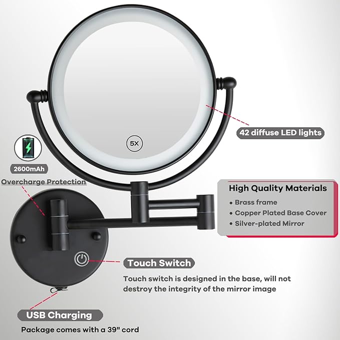 Rechargeable Bathroom Makeup Mirror with Light Wall Mounted, Brass 1/5X 2 Sided Magnifying Mirror with Extension Swing Arm, Touch Dimmable 360 Rotation Foldable Led Vanity Mirror, Matte Black
