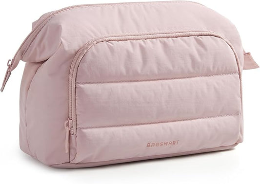 BAGSMART Makeup Bag Travel Toiletry Bag, Puffy Padded Make Up Bags for Women, Makeup Organizer Wide-open Pouch Purse, Travel Essentials for Toiletries Accessories Brushes, Pink