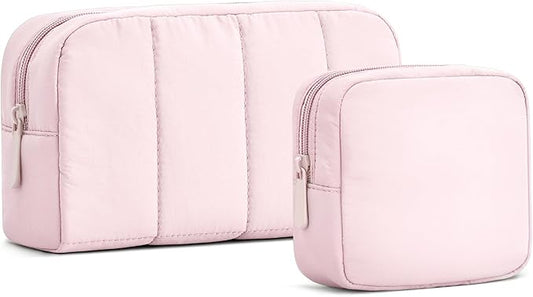 oscaurt 2 Pcs Makeup Bag Travel Toiletry Bag for Women Puffy Padded Cosmetic Pouch Purse Wide-open Makeup Organizer Case Travel Essentials