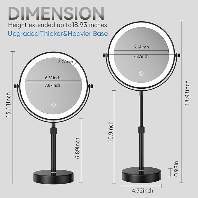 Nicesail LED Lighted Makeup Mirror Tabletop, 10X Magnifying Mirror with 3 Color Lights, Brightness Adjustable Height Adjustable, 15''~19'' Double Sided Touch Switch Desk Mirror, Black(8 Inch, 10X)