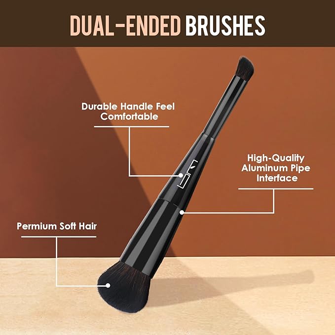 S50 3-Piece Makeup Brush and Sponge Set for Flawless Application - Includes Foundation Brush, Blending Sponge, and Dual End Kabuki&Concealer Brush
