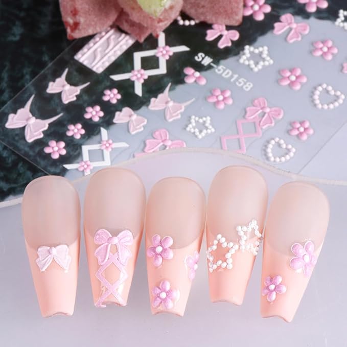 3 Sheets Summer 5D Flower & Butterfly Nail Art Stickers Set, 5D Embossed Nail Decals Daisy French Nail Art Design Self Adhesive Nail Supplies Colorful Flower Nail Stickers Decoration for Women Girls