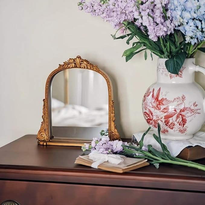 Vintage Antique Gold Framed Tabletop Mirror - Small Decorative Mirror with Carved Resin Frame for Vanity, Desk, or Shelf Decor