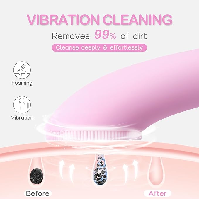 PRITECH Facial Cleansing Brush, Rechargeable Silicone Face Scrubber with Heat Massage End, Vibrating Exfoliator Scrubber for Deep Cleaning, Waterproof Face Brush for Women and Men (Pink)
