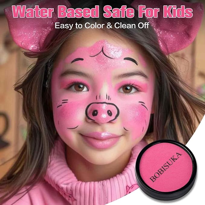 BOBISUKA Pink Face Body Paint, Water-Based Face Painting Kit & Body Paints, Kids Adults Facepaint for Halloween Unicorn Panther Doll & Sugar Skull Makeup, Costume Cosplay Party Theater & Stage