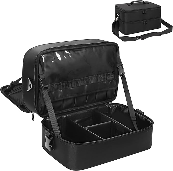 Extra Large Makeup Case, Professional Makeup Artist Traveling Bag, Double Layer Lightweight XL Makeup Travel Case Organizer for Artist Hairstylist Crafters with 2 Detachable Pouch & Shoulder Strap