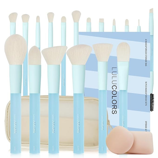 18-Piece Light Blue Professional Makeup Brush Set – Translucent Rubberized Handles, Soft Synthetic Bristles for Face & Eye Makeup – Includes Travel Bag & Sponges,Complete Brush Collection