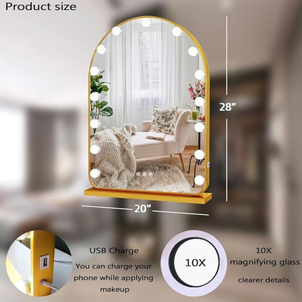 THEKLA Gold Arch Hollywood Vanity Mirror with Lights for Makeup Desk Table Wall Detachable Base Stand X10 Magnifying Dimmable 3 Color Lights 15 Bulbs Gold Arch Hollywood Lighted Vanity Makeup Mirror