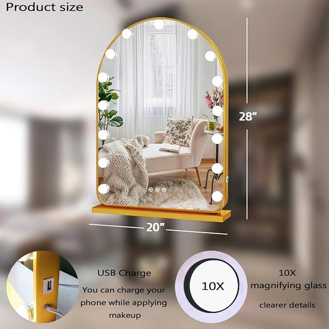 THEKLA Gold Arch Hollywood Vanity Mirror with Lights for Makeup Desk Table Wall Detachable Base Stand X10 Magnifying Dimmable 3 Color Lights 15 Bulbs Gold Arch Hollywood Lighted Vanity Makeup Mirror
